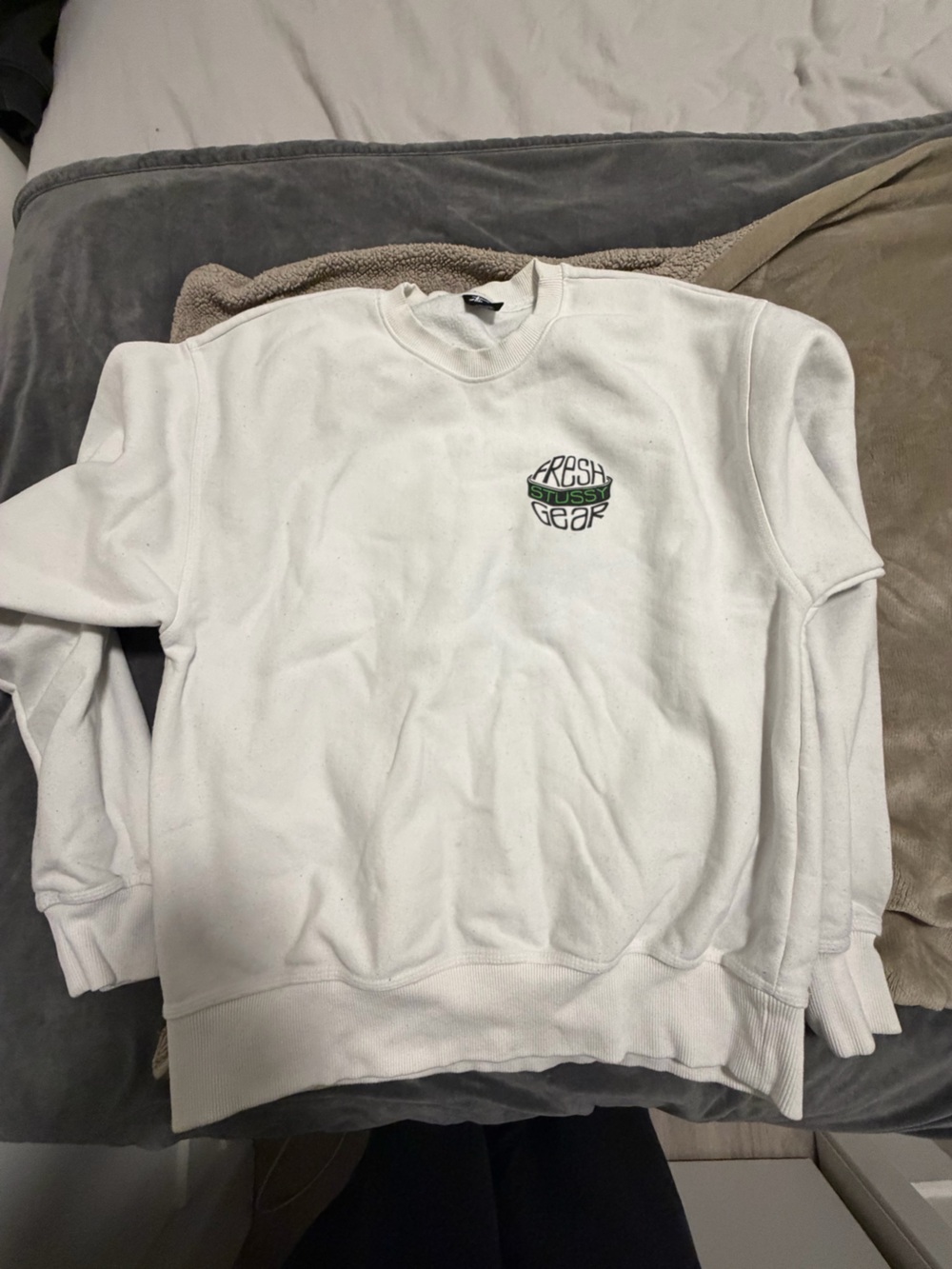 Stussy White Crewneck Sweatshirt with Green Logo